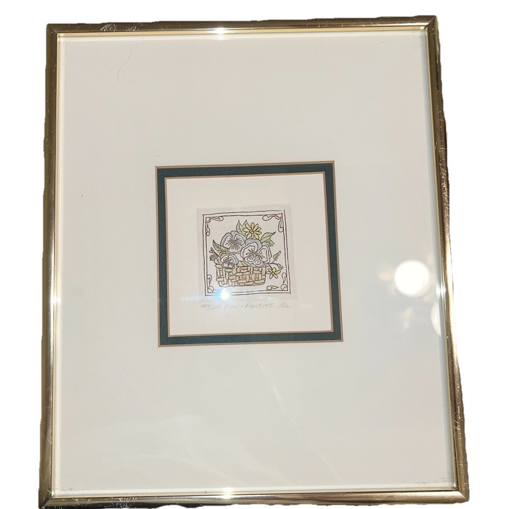 Framed etching Mini Pansies‎ Signed And Numbered Gold Frame